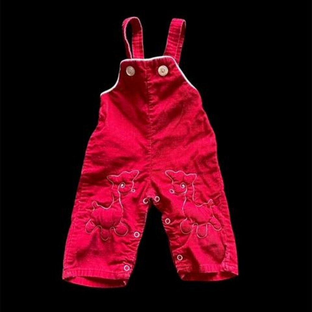 Vtg 1950s Red Corduroy Children's Overalls With Embroidered Lambs (?) 3-6 Months